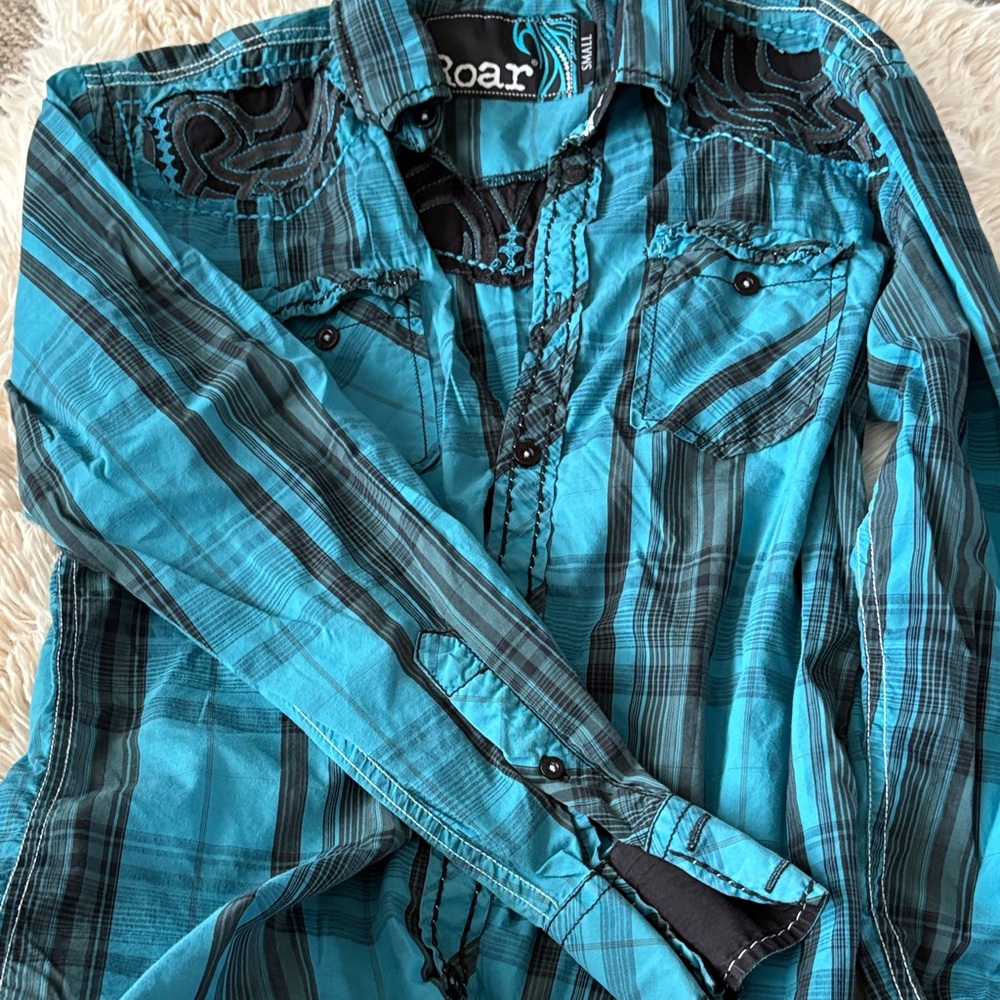 Roar Turquoise and Black Plaid Long-Sleeve Shirt